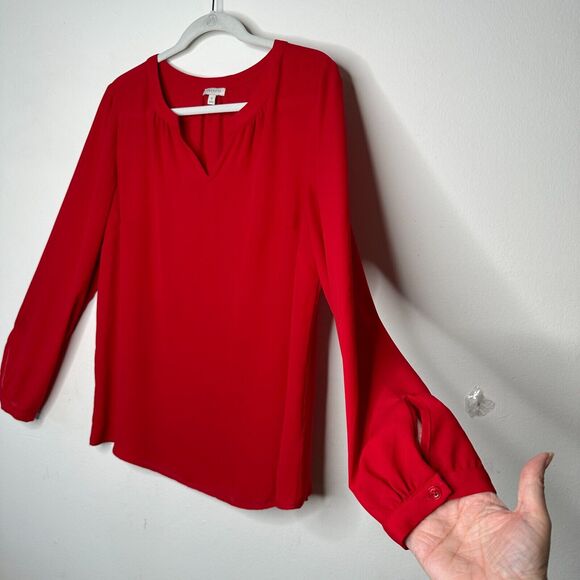 Talbots Red Long Sleeve Button Cuff Shirred Back Cut V Neck Tunic Blouse Medium - Picture 3 of 9